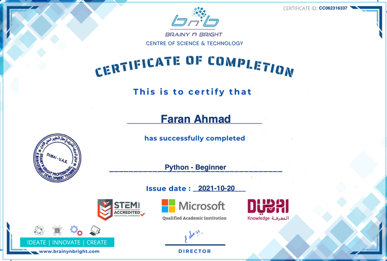 Brainy n Bright Certificate