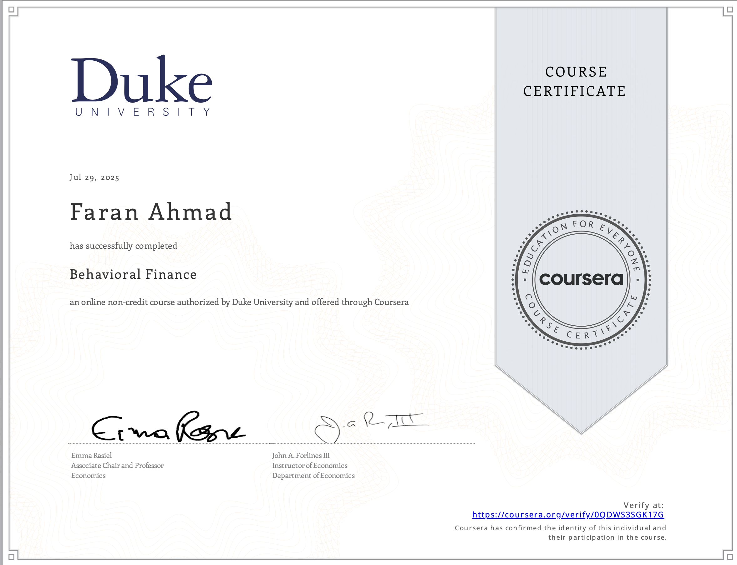 Duke University Certificate