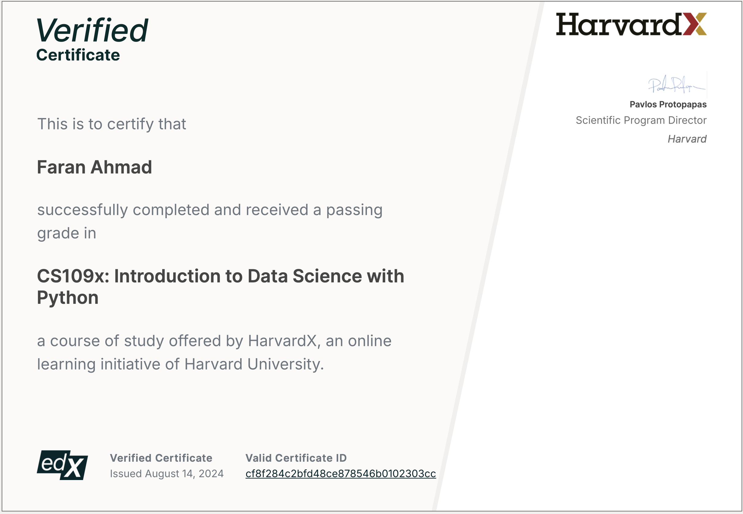 HarvardX Certificate